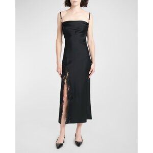 Versace Satin Lace-Embroidered black Midi Slip Dress Size 40/ US 4